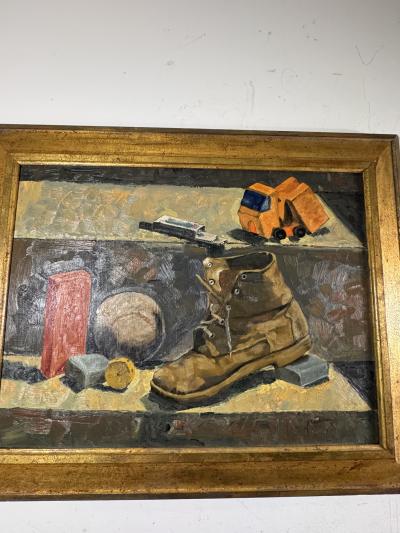 WPA STILL LIFE OF BOYS ASSORTED TOYS BASEBALL BOOT ON MASONITE PAINTING