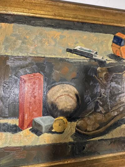 WPA STILL LIFE OF BOYS ASSORTED TOYS BASEBALL BOOT ON MASONITE PAINTING