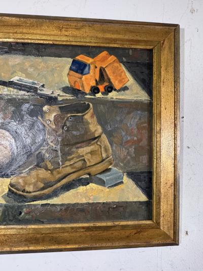 WPA STILL LIFE OF BOYS ASSORTED TOYS BASEBALL BOOT ON MASONITE PAINTING