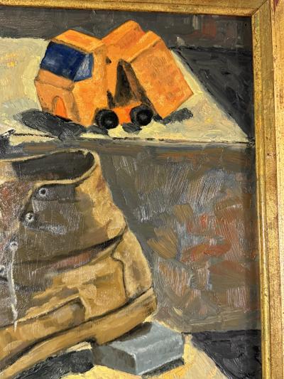 WPA STILL LIFE OF BOYS ASSORTED TOYS BASEBALL BOOT ON MASONITE PAINTING