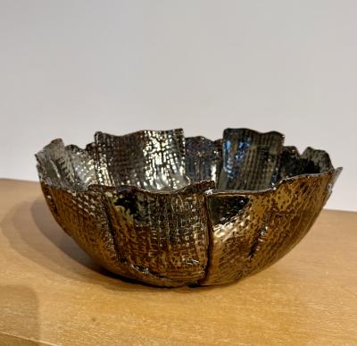 Waffle textured bowl in a black chrome metallic glaze Made By Aram C 