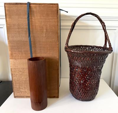 Waichisai II Wada Large Japanese Bamboo Ikebana Basket by Wada Waichisai II with Signed Box