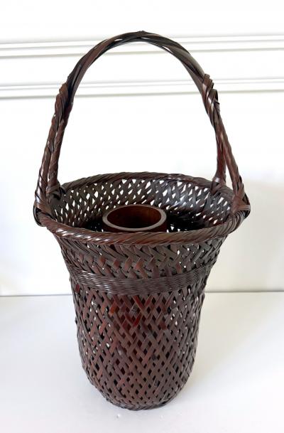 Waichisai II Wada Large Japanese Bamboo Ikebana Basket by Wada Waichisai II with Signed Box
