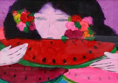 Walasse Ting Woman Eating Watermelon