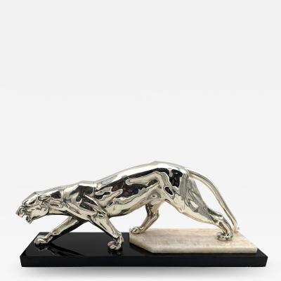 Walking Panther Sculpture Silver plate Marble France circa 1930