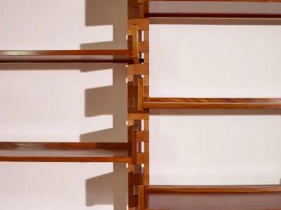 Wall mounted bookcase with wooden uprights and modules Italy 1950s