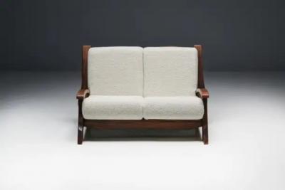 Walnut Rustic Modern Chalet Sofa in Pierre Frey Boucl Switzerland 1960s