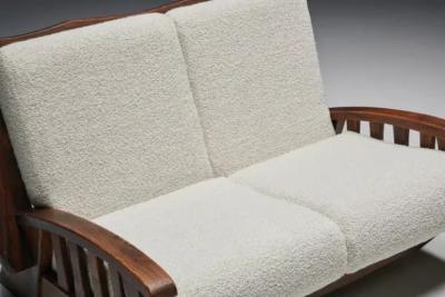 Walnut Rustic Modern Chalet Sofa in Pierre Frey Boucl Switzerland 1960s