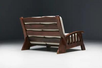 Walnut Rustic Modern Chalet Sofa in Pierre Frey Boucl Switzerland 1960s