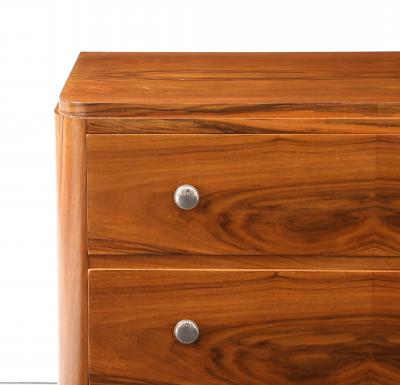 Walnut Veneer 4 Drawer Chest Nickel Pulls France 1940 s