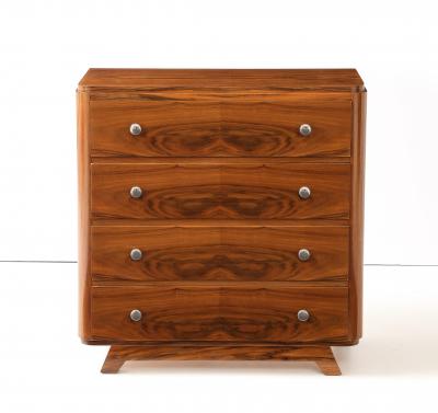 Walnut Veneer 4 Drawer Chest Nickel Pulls France 1940 s