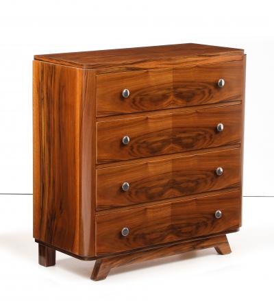 Walnut Veneer 4 Drawer Chest Nickel Pulls France 1940 s