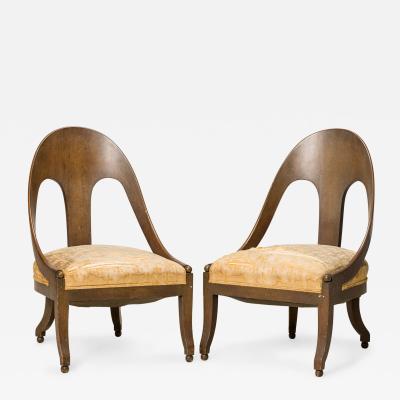 Walnut and Fleur De Lis Print Beige Upholstery Spoon Back Side Chairs