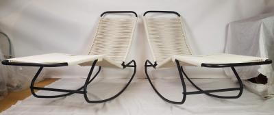 Walter Lamb Pair of Rocking Chaises Folding Back Waikiki Lounge Style CA 1950s