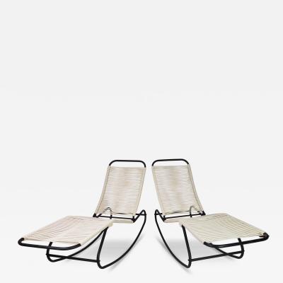 Walter Lamb Pair of Rocking Chaises Folding Back Waikiki Lounge Style CA 1950s