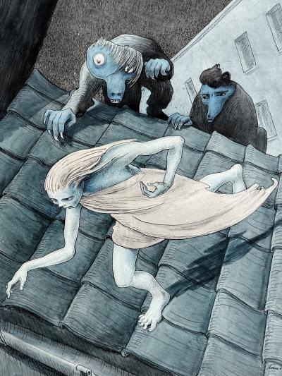 Walter Schnackenberg Escaping Eerie Monsters on the Roof at Night Macabre Fantasy