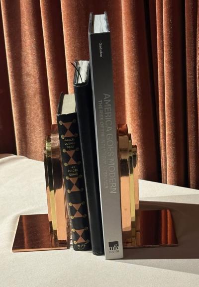 Walter Von Nessen Chase Bookends Brass and Copper Arched Attributed to Walter Von Nessen