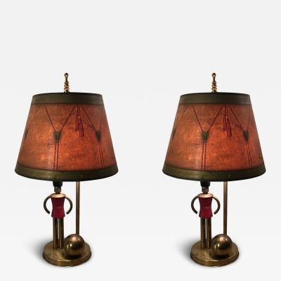 Walter Von Nessen RARE ART DECO BRASS AND BAKELITE SENTINEL LAMPS WITH ORIGINAL SHADES