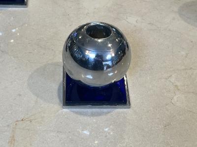 Walter Von Nessen SET OF FOUR MODERNIST ART DECO CHROME AND COBALT BLUE GLASS BALL CANDLESTICKS