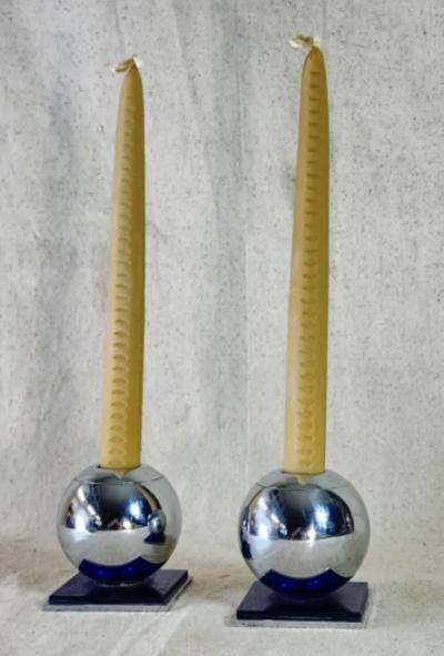 Walter Von Nessen SET OF FOUR MODERNIST ART DECO CHROME AND COBALT BLUE GLASS BALL CANDLESTICKS