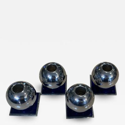 Walter Von Nessen SET OF FOUR MODERNIST ART DECO CHROME AND COBALT BLUE GLASS BALL CANDLESTICKS