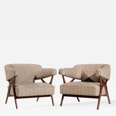 Ward Bennett Ward Bennett Mid Century Sculptural Walnut Lounge Chairs Pair