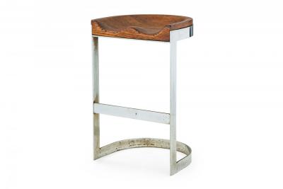 Warren Bacon Pair of Warren Bacon Chrome and Wood Horseshoe Cantilever Bar Stools