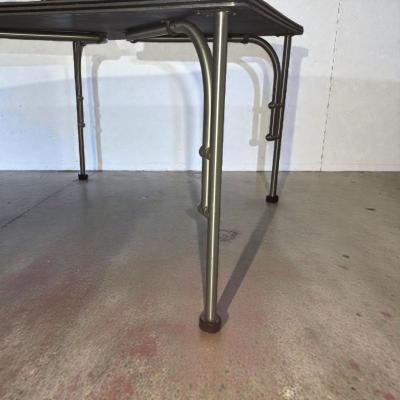 Warren McArthur Corporation Warren McArthur Aluminum 42 Square Black Formica Table c 1938 Glass Top