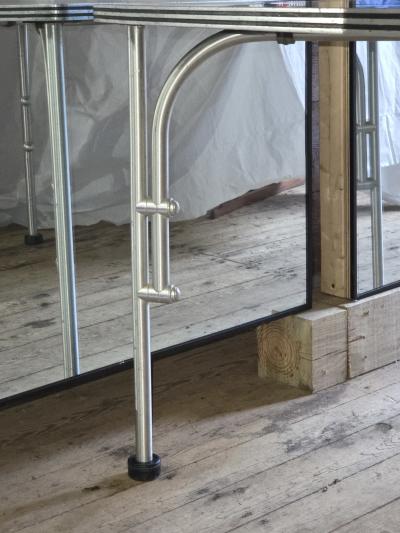 Warren McArthur Corporation Warren McArthur Aluminum 42 Square Black Formica Table c 1938 Glass Top