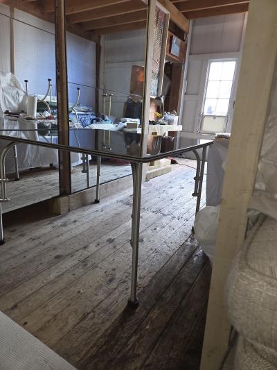 Warren McArthur Corporation Warren McArthur Aluminum 42 Square Black Formica Table c 1938 Glass Top