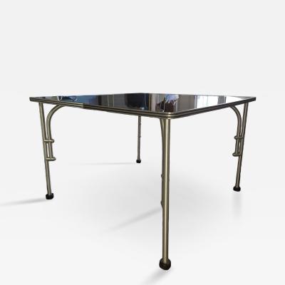 Warren McArthur Corporation Warren McArthur Aluminum 42 Square Black Formica Table c 1938 Glass Top