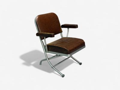 Warren McArthur Warren McArthur Brown Leather Aluminum Folding Chairs USA c 1935