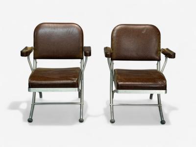 Warren McArthur Warren McArthur Brown Leather Aluminum Folding Chairs USA c 1935