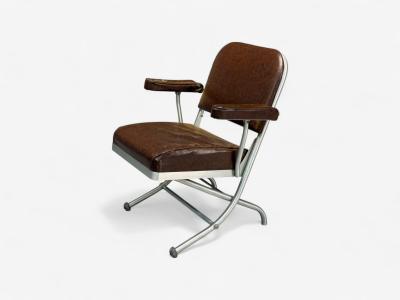 Warren McArthur Warren McArthur Brown Leather Aluminum Folding Chairs USA c 1935