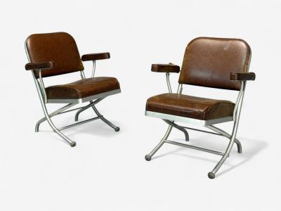 Warren McArthur Warren McArthur Brown Leather Aluminum Folding Chairs USA c 1935