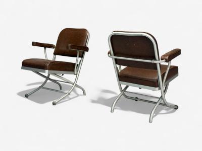 Warren McArthur Warren McArthur Brown Leather Aluminum Folding Chairs USA c 1935