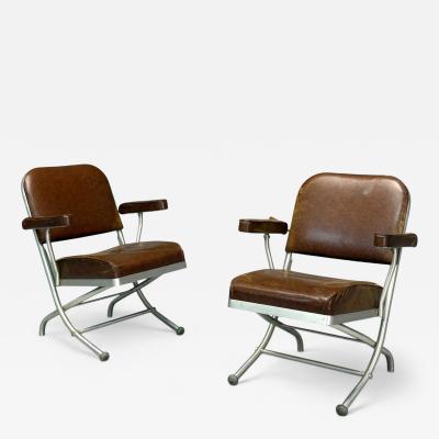 Warren McArthur Warren McArthur Brown Leather Aluminum Folding Chairs USA c 1935
