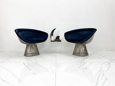 Warren Platner Warren Platner Lounge Chairs in Sapphire Velvet A Pair