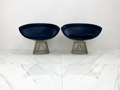 Warren Platner Warren Platner Lounge Chairs in Sapphire Velvet A Pair