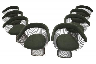 Warren Platner Warren Platner for Knoll Bronze Frame Dining Chairs in Deep Green Boucle
