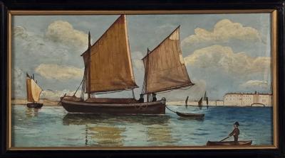 Watercolor of Boats in Harbor Italy circa 1900