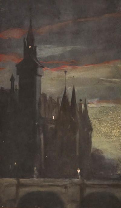 Watercolor of Castle at Dusk France circa 1900