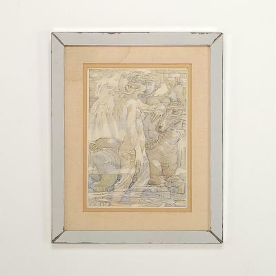 Watercolor of Goddess and Companion with Horse circa 1975