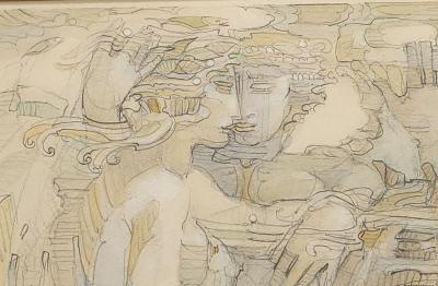 Watercolor of Goddess and Companion with Horse circa 1975