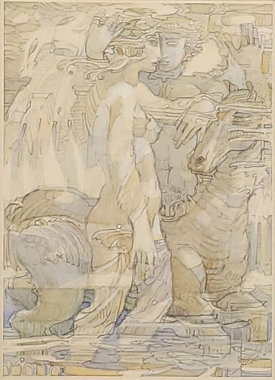 Watercolor of Goddess and Companion with Horse circa 1975