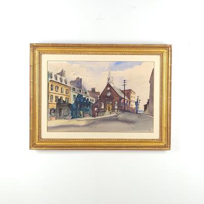 Watercolor of a City Scene Signed and Dated Russ Conn 1948