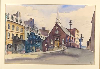 Watercolor of a City Scene Signed and Dated Russ Conn 1948
