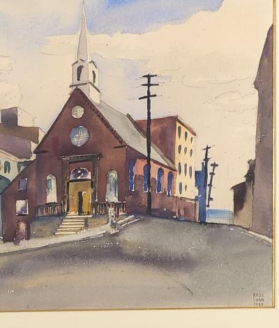 Watercolor of a City Scene Signed and Dated Russ Conn 1948