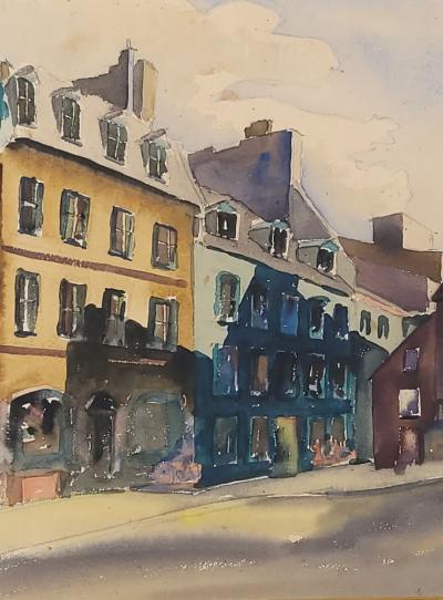 Watercolor of a City Scene Signed and Dated Russ Conn 1948