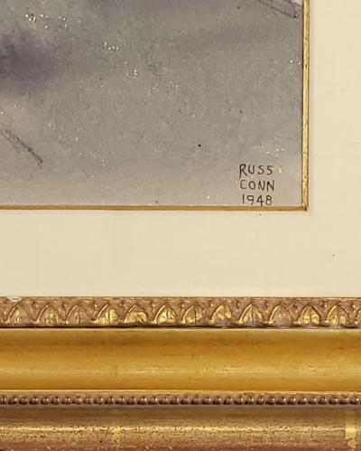 Watercolor of a City Scene Signed and Dated Russ Conn 1948